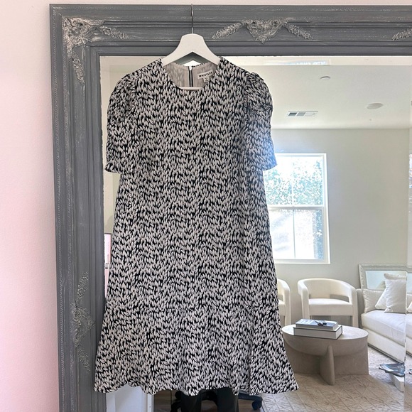 Whistles Black White Petal Print Puff Sleeves Flounce Hem Shift Mini Dress 6 - Picture 5 of 11
